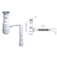 Сифон для умывальника с прикручивающимся выпуском 70мм , с гибкой трубой 1 1/2" - 40/50мм, NOVA