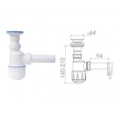 Сифон для умывальника, выпуск 64мм, с отводом 32мм, NOVA