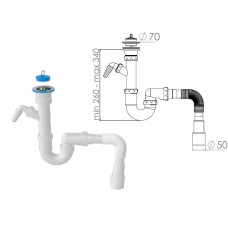 Сифон для кухни прямоточный с  выпуском 70мм, с гибкой трубой 1 1/2" - 40/50мм, NOVA
