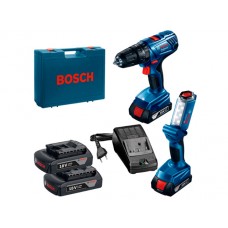 Аккум. дрель-шуруповерт BOSCH GSR 180-LI в чем. + фонарь GLI 18V-300 (18.0 В, 2 акк., 1.5 А/ч Li-Ion, 2 скор., 54 Нм, шурупы до 10 мм)