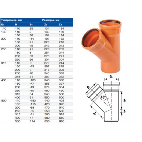 Тройник для наружной канализации НПВХ 160х160х45 (ХЕМКОР)