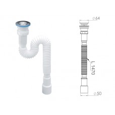 Сифон 1 1/2"х40/50 гофрированный (удлинённый), выпуск 64мм, NOVA